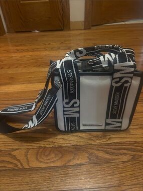 Steve Madden Black and White Logo Strap Messenger Bag